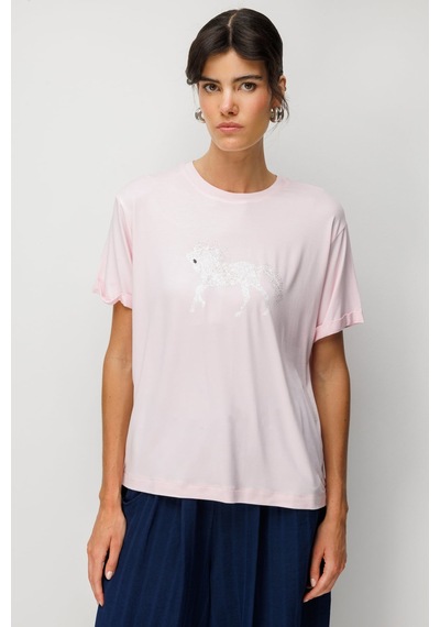 On At Baskılı Sıfır Yaka Tişört T-shirt Pembe