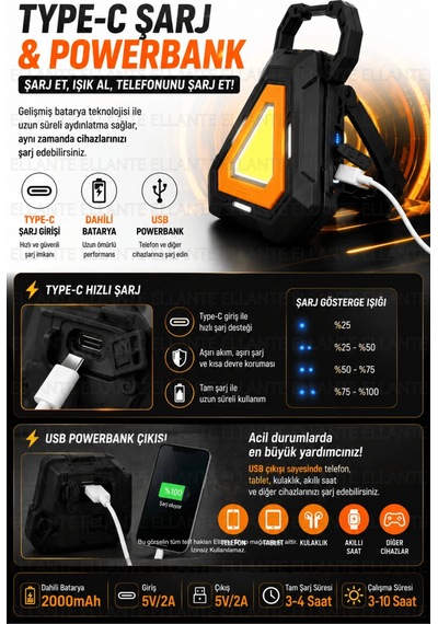 Şarjlı Cob Led Çalışma Lambası Type-c Şarjlı Usb Powerbank Mıknatıslı Askılı Katlanabilir Standlı Ka Çok Renkli