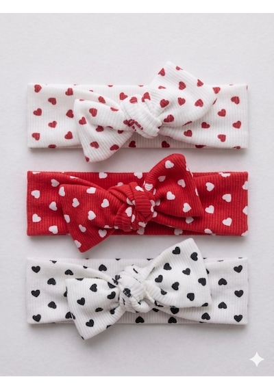 Kız Bebek 3 Lü Ribana Fiyonklu Bandana Seti - Kırmızı-beyaz Kırmızı - Pembe