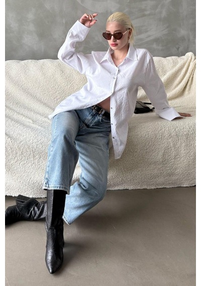 Madmext Beyaz Kırışık Desen Kadın Gömlek Mg2313 Beyaz