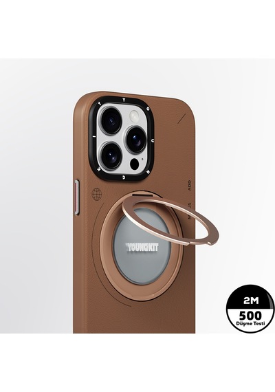 Apple Uyumlu iPhone 15 Pro Max Kılıf Magsafe Özellikli 360 Standlı Deri Desenli Youngkit Tech Leather Serisi