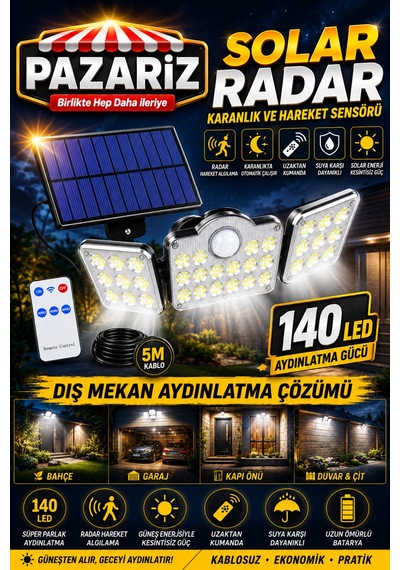 140 Led Güneş Enerjili Led Aydınlatma Solar Lamba Kumandalı 5 Metre Kablolu Bahçe Lambası 3 Modlu Kaliteli Sensörlü Solar Sokak Lambası 3 Başlı Hareket Sensörlü Dış Mekan Güvenlik Lambası