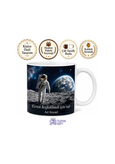 Astronot Uzay Yürüyüşü Ay Yüzeyi Sonsuz Evren Keşfi Baskılı Porselen Kupa Bardak Hediye Beyaz / Çok Renkli