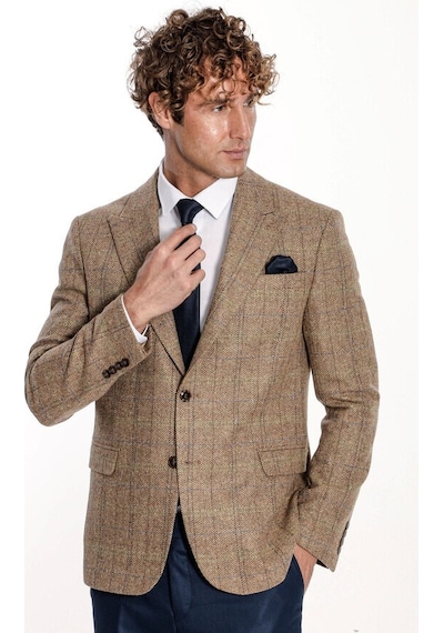 Wessi Balıksırtı Desen Slim Fit Yün Taba Erkek Ceket Taba