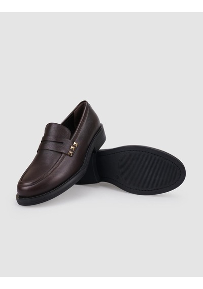 Hakiki Deri Kahverengi Zımba Detaylı Kadın Loafer Kahverengi