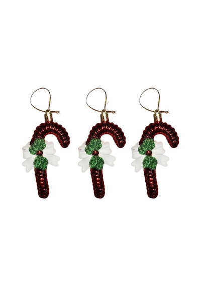 Vıp Deluxe 3 Adet Fiyonklu Baston Çubuk Yılbaşı Ağaç Süsü 10 Cm Parlak Simli Kırmızı Noel Süsleri
