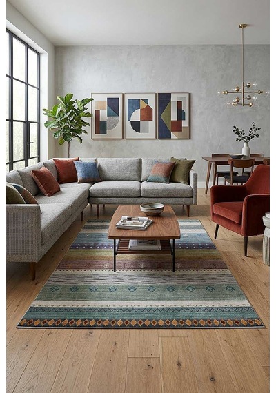 Etnik Kilim Desenli Pamuk Taban Yıkanabilir Baskılı Halı Mavi
