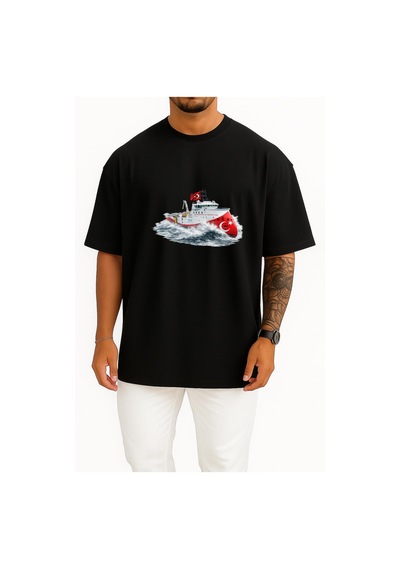Bahriyeli Collection Oversize Rv Barbaros Hayreddin Paşa Dalgalar Arası Göğüs Ve Sırt Baskılı Unisex T-shirt Siyah