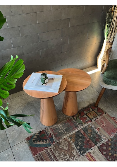 2'li Zigon Mantar Sehpa Mushroom Masif Ahşap Modern Yan Sehpa Takımı Naturel Kayın