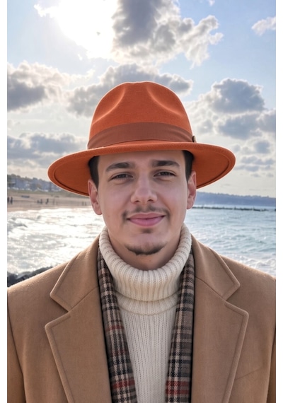 Mollycrush Erkek Mevsimlik Vintage Kiremit Turuncu Fötr Şapka Kemerli Şık Keçe Fedora Tasarımı Kiremit