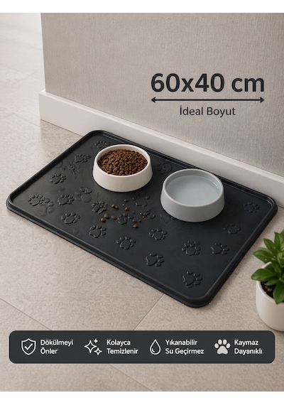 Kedi Köpek Mama Matı Havuzlu Yıkanabilir Kaymaz Evcil Hayvan Beslenme Matı Kedi Kumu Paspası 40x60