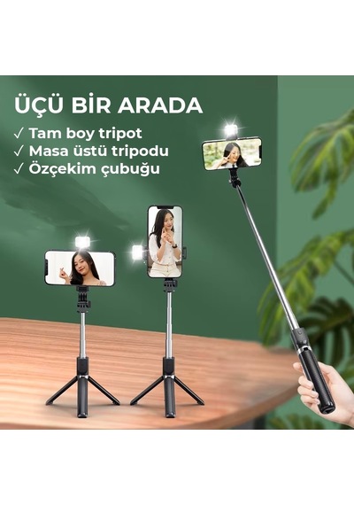 Upway Bluetoothlu Kumandalı Led Işıklı Teleskobik Katlanabilir Özçekim Tripodu