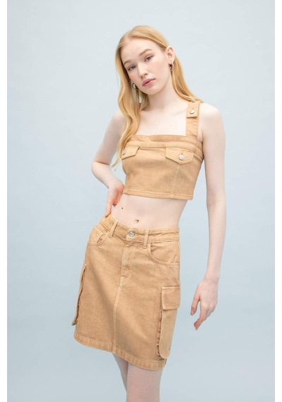 Defacto Coool Kargo Fit Gabardin Yıkamalı Soluk Efektli Mini Etek C4456AX24SPBG387 Bej