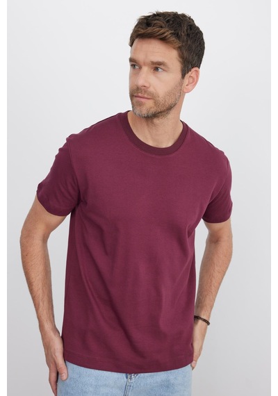 Tudors Unisex Relax Fit Rahat Kesim %100 Pamuk Yumuşak Dokulu Hafif Kalın Bordo Bisiklet Yaka Tişört-35717 Bordo