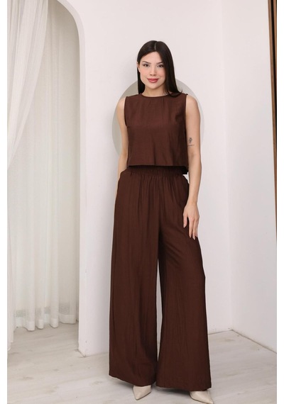 Famoda Kahverengi Sırtı Çapraz Bağcıklı Crop Bluz & Yüksek Bel Palazzo Pantolon Alt Üst Takım