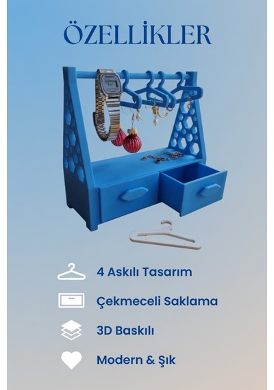 Çekmeceli Takı Organizer Standı Kolye, Küpe, Saat Ve Yüzük Düzenleyici Mavi
