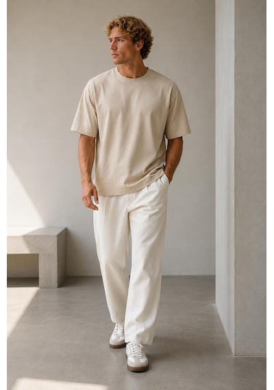 Alexandergardi Oversize Bisiklet Yaka T-shirt Bej
