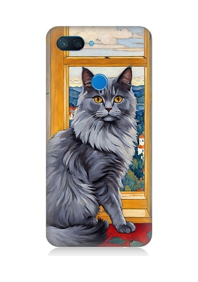 Xiaomi Mi 8 Lite Uyumlu Kül Rengi Tüylü Kedi Desenli Silikon Kılıf