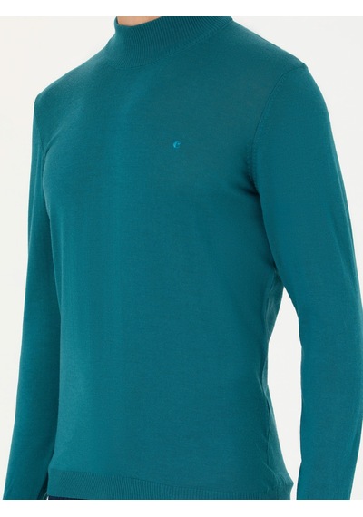 Cacharel Açık Petrol Slim Fit Bisiklet Yaka Basic Triko Kazak