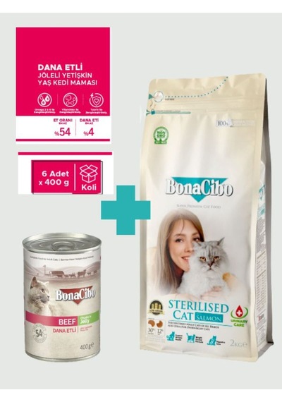 Bonacibo Sterilised Somonlu Kedi Maması 2 Kg & Sığır Etli Soslu Konserve Seti 6x400 Gr