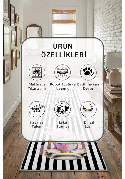 Fincanlı Flamingo Yıkanabilir Yolluk Siyah