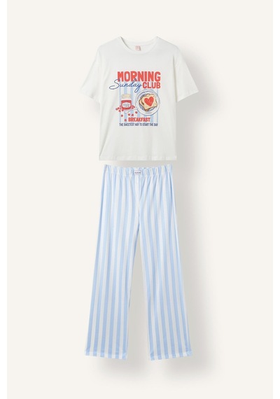 Defacto Regular Fit Kısa Kollu Baskılı Çizgili 2li Pijama Takımı I8337ax26aube250 Mavi-be250