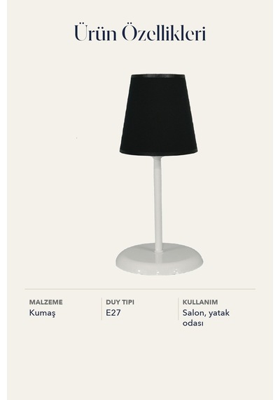 Metal Ayaklı Konik Kumaş Abajur Masa Lambası Siyah Salon Yatak Odası