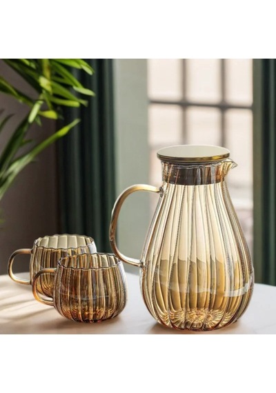 Morponi Borosilikat Cam Papatya Model Amber Sürahi 1800 Ml & 6 Adet Bardaklı