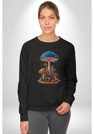 Renkli Mantar Süsler Unisex Siyah Baskılı Sweatshirt Siyah