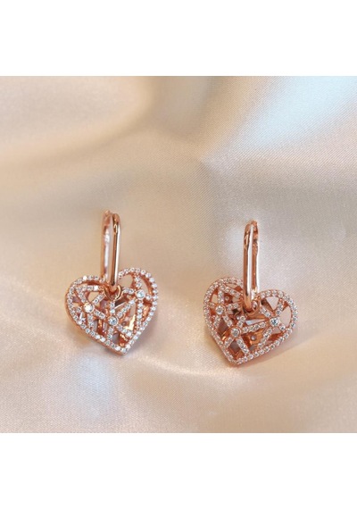 Kalp Tasarım Zirkon Taşlı Rose Gold Kaplama Gümüş Küpe Gümüş