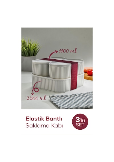 Vienev 3'lü Elastik Bantlı İstiflenebilir Pratik Saklama Kabı Seti 2x 1100 Ml 1x 2600 Ml Gri
