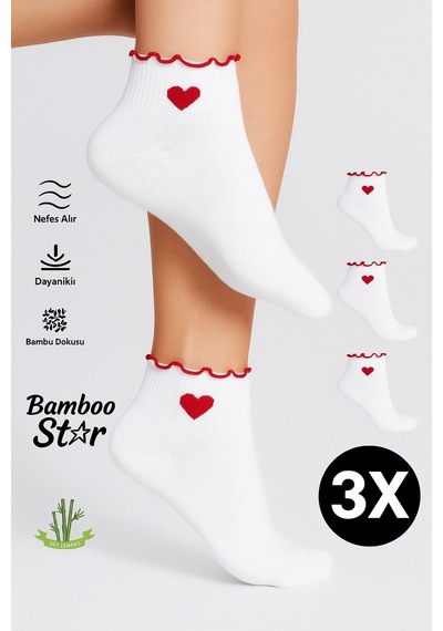 Bamboo Star Bambu Kadın Kalp Desenli Fırfırlı Patik Lastiksiz Dikişsiz 3lü Beyaz Çorap Beyaz - Kırmızı