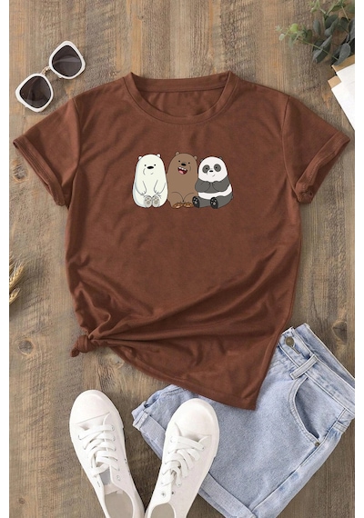 Unisex Kafadar Ayılar Tasarım Tshirt Kahverengi