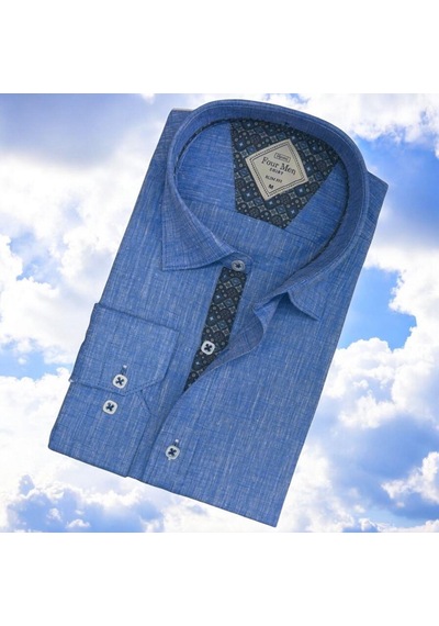 Pamuklu Uzun Kollu Mavi Erkek Gömlek Slim Fit Kalıp -9879 Mavi