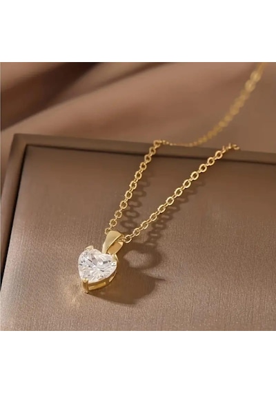 Tek Taş Kalp Çelik Kolyesns200331 Gold