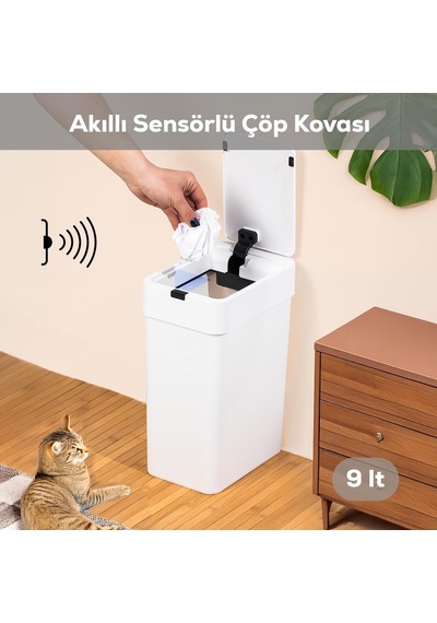 Porsima Me-06 Hareket Sensörlü 9lt Sessiz Banyo Mutfak Çöp Kovası Beyaz Çok Renkli