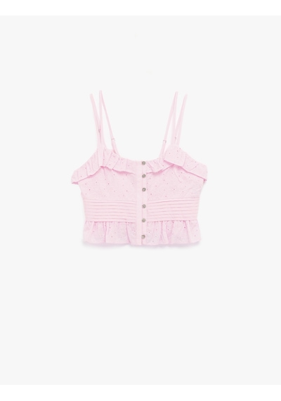 Koton Pamuklu Kolsuz Fırfırlı Yaka Düğmeli Brodeli Crop Bluz Pembe 5sal30039ıw Gül