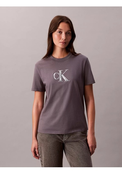 Kadın Kısa Kol Ck Yazı Detay Bisiklet Yaka Gri T-shirt Gri