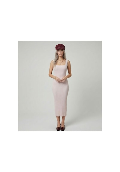 Neden Tekstil Premium Fit Kare Yaka Fitilli Triko Midi Elbise - Açık Pembe