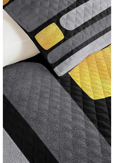 Geometrik Antrasit Sarı Genç Odası Tek Kişilik Pike Takımı - Modern Gri 160x220 Cm Yatak Örtüsü Mumlu Toprak Örtüsü