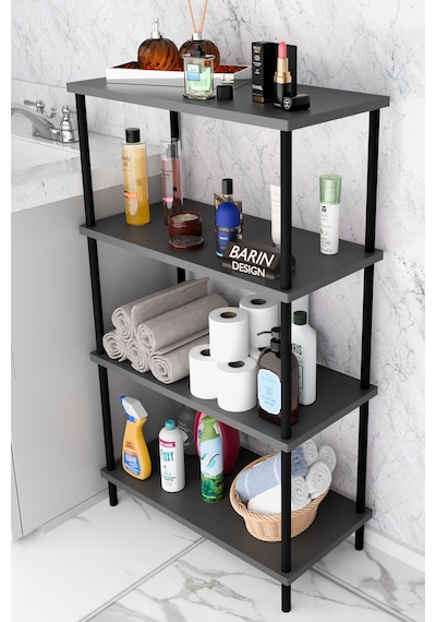 Çevir Kur Kolay Kurulum 4 Katlı Banyo Rafı Metal Gövdeli Çok Amaçlı Organizer Stand Banyo Dolabı Antrasit