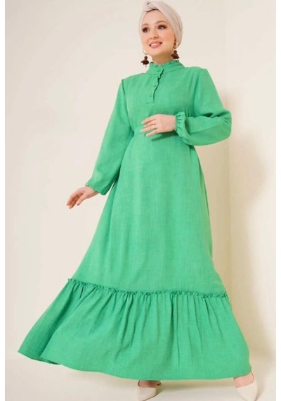 Lovie Moda Kadın Hakim Yaka Keten Elbise Yeşil