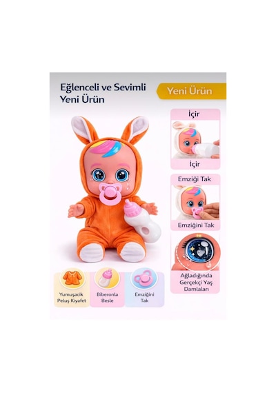 TıfılToys Turuncu Kostümlü Ağlayan Ve Konuşan Et Bebek Emzikli Ve Biberonlu İnteraktif Oyuncak Bebek