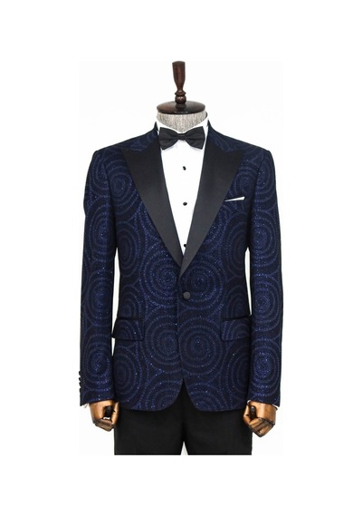 Wessi Hipnoz Desen Sivri Yaka Slim Fit Lacivert Erkek Smokin Ceket Lacivert