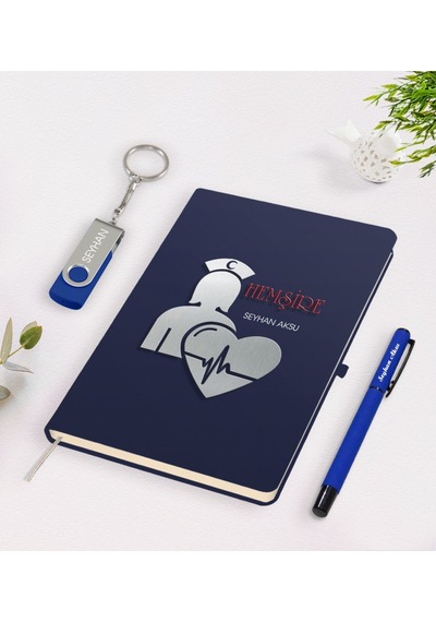Kişiye Özel Hemşire Temalı Lacivert Defter Kalem 32Gb Usb Bellek N11.1246