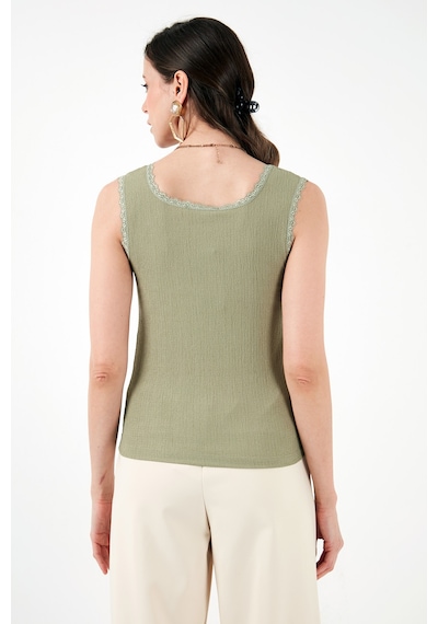 Lela Slim Fit Kalın Askılı Dantelli Kare Yaka Bürümcük Bayan Atlet 5864979 Olive