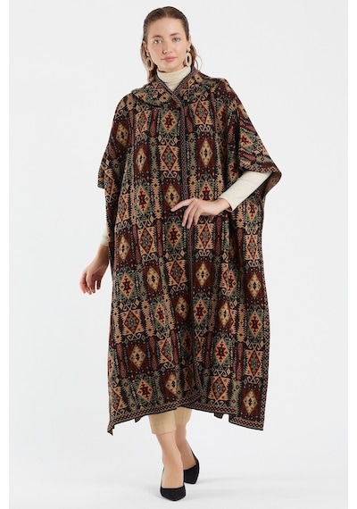 Uludağ Triko Kadın Kilim Desen Kapşonlu Panço Gümüş-Std Gümüş
