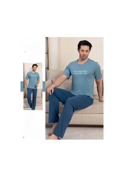Pijamerry Erkek Bisiklet Yaka Kısa Kol Penye Pijama Takımı 5832 - 1 Adet Açık Mavi