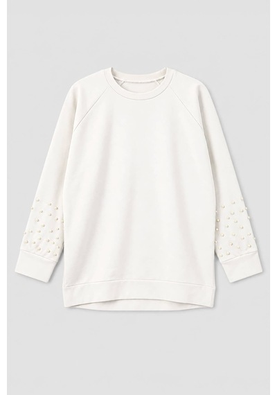 Markapia Kadın Oversize Taş Detaylı Geniş Kalıp Sweatshirt Beyaz