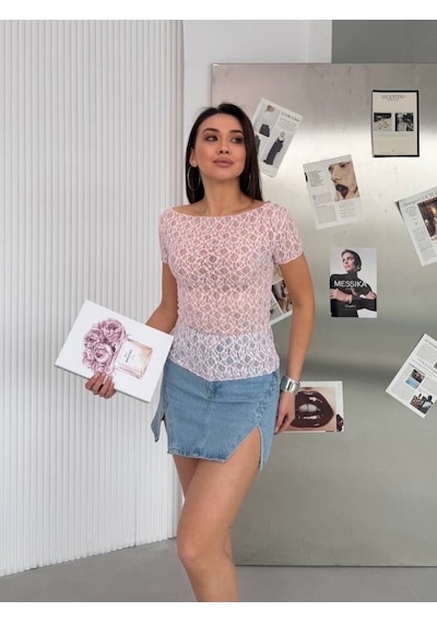 Elaxi Kadın Kayık Yaka Kısa Kollu Dantel Bluz Pembe